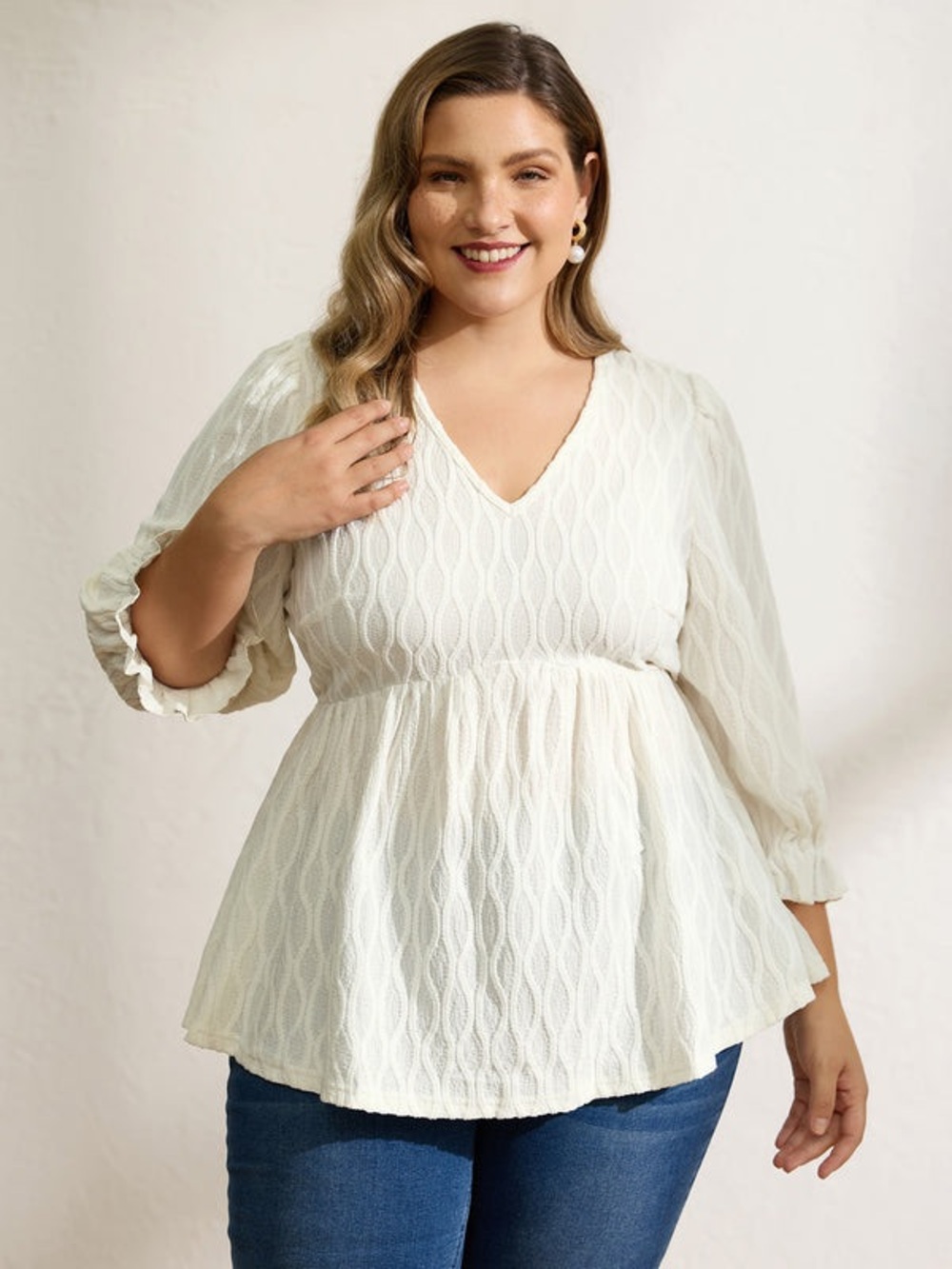 BloomChic Cream V-Neck Textured Peplum Blouse, Casual, Office